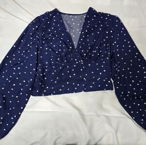 Navy Blue Long Sleeve Top with White Heart Pattern
